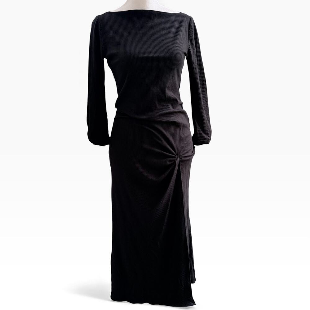 Reformation Boat Neck Black‎ Ribbed Midi Dress Small Long Sleeve Ruched Slit